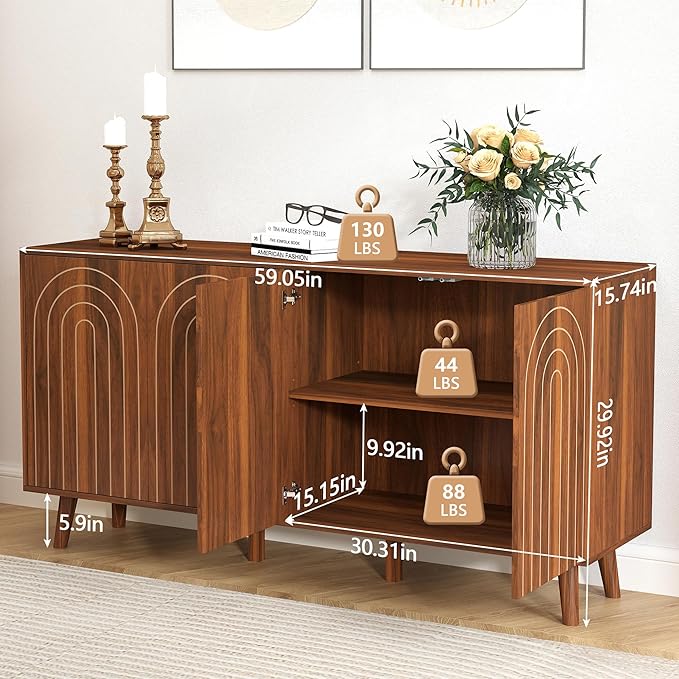 59" Buffet Cabinet with Storage, Modern Accent Sideboard Storage Cabinet with 4 Doors & Carving Lines, Wooden Coffee Bar Table Console for Living Room Kitchen Office and Hallway (Walnut)