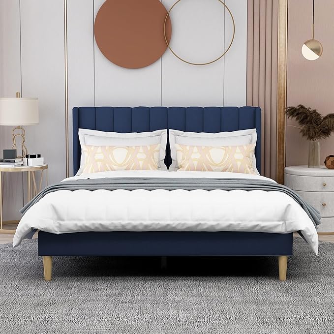 AGARTT Upholstered Platform Bed Frame Queen Size with Headboard and Footboard/Wooden Slats Support/No Box Spring Needed/Easy Assembly,Blue Velvet