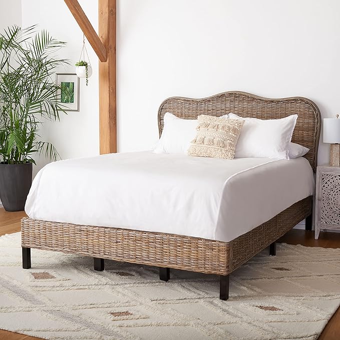 SAFAVIEH Home Collection Daejon Coastal Rattan Legs Camelback Headboard Queen Size Bed BED8001A-Q, Grey/Espresso