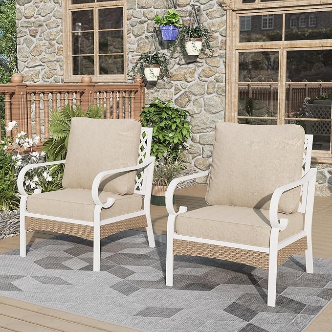 Outdoor Patio Leg Sofa Chairs Set of 2 Steel Frame Porch Furniture with Deep Seating and 5.5" Cushions for Lawn Backyard Deck, Beige