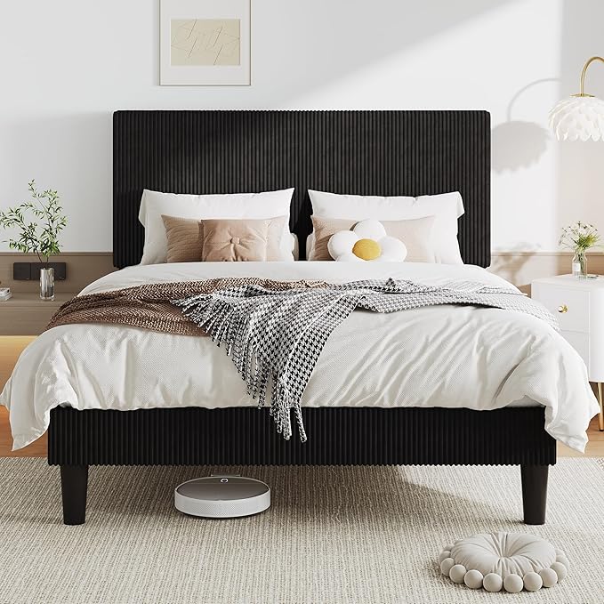 Allewie Full Size Upholstered Bed Frame with Vertical Channel Tufted Headboard, Soft Corduroy Fabric Platform Bed, Strong Wooden Slats Support, Easy Assembly, No Box Spring Needed, Black