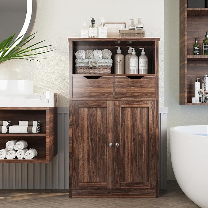 Shintenchi Floor Storage Cabinet, Bathroom Storage Organizer with Doors and Drawers, Freestanding Side Cupboard Pantry with Adjustable Shelf for Bathroom/Kitchen/Livingroom, Walnut