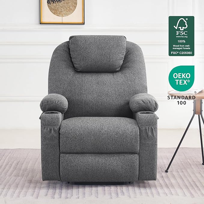 MCombo Power Lift Recliner Chair for Elderly, Lift Chair with Heat and Massage for Tall People, USB&Type C Ports, Extended Footrest, Cup Holders, Fabric 7516 (Large,Dark Grey)
