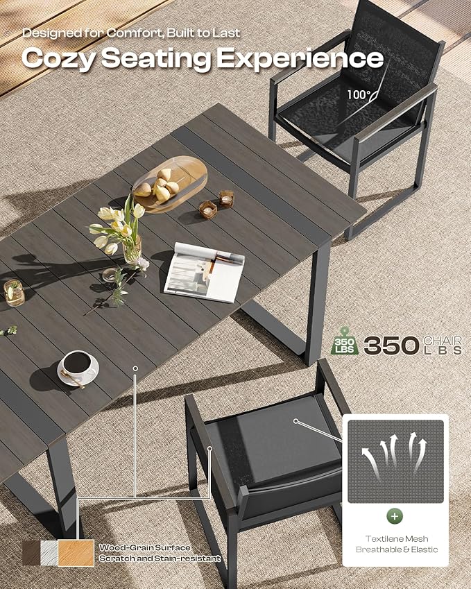 Outdoor Dining Set, Patio Table and Chairs Set, 7 Piece HDPS + Aluminum Patio Furniture Set with Umbrella Hole, Patio Dining Table Set (Charcoal)