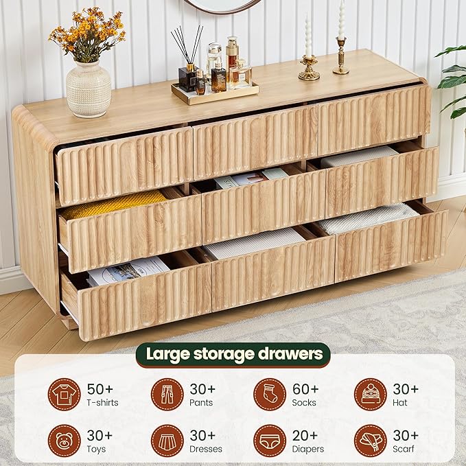 Fluted 9 Drawer Dresser for Bedroom, 60" Wide Modern Chest of Storage Drawers, Wood Dresser & Chest of Drawers with Curved Corners, Dressers TV Stand for Living Room (60" Natural 9 Drawer)