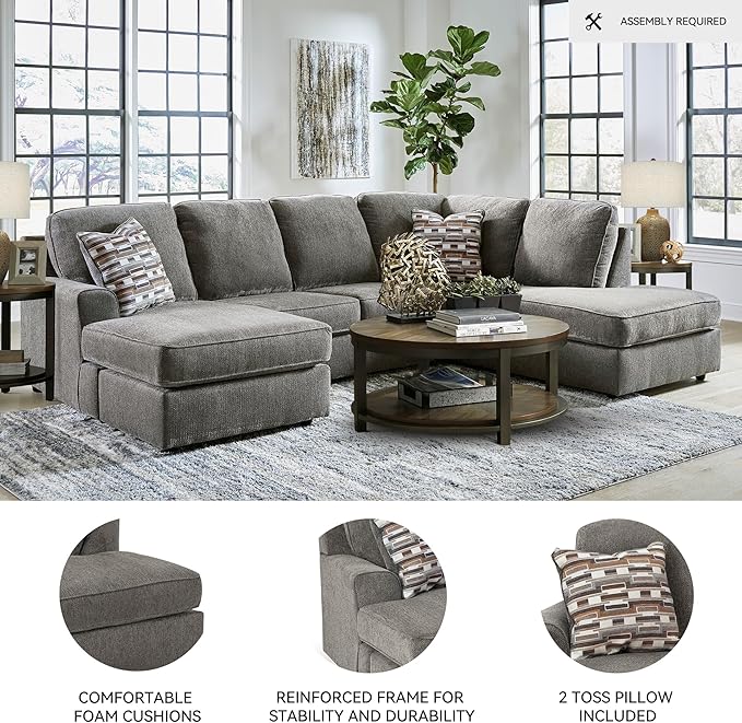 Signature Design by Ashley O'Phannon Casual Right-Arm Facing Herringbone Chenille 2-Piece Sectional with Chaise, Loose Seat Cushions and 2 Throw Pillows, Gray