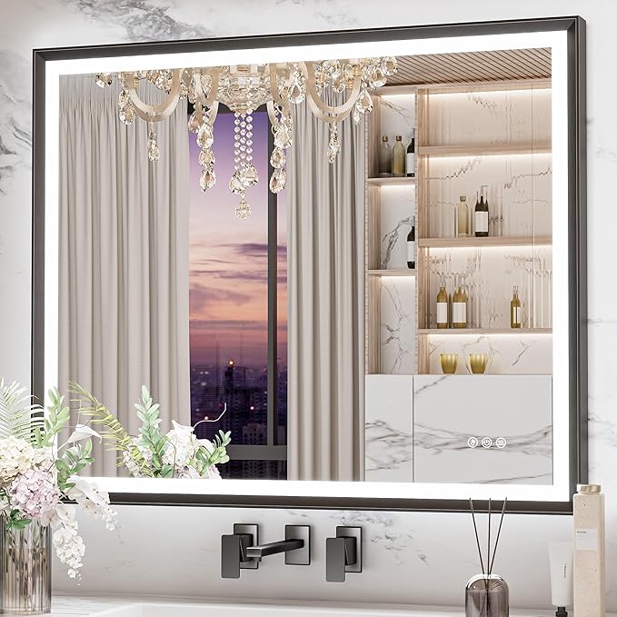 Keonjinn Black LED Mirror for Bathroom 40 x 32 Inch with Frontlit & Backlit, Metal Frame Mirror with Stepless 3-Color Lights, Antifog Dimmable, UL-Listed Driver,Tempered Glass(Horizontal/Vertical)