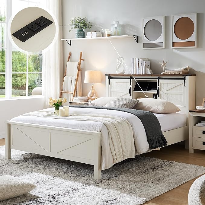 T4TREAM Farmhouse Full Size Bed Frame w/Storage Bookcase Headboard, Sliding Barn Door, Charging Station, Rustic Wood Platform Bed w/Wood Slats Support, No Box Spring Needed, Antique White