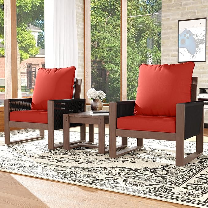 Patio Chairs 3 Piece Wood Patio Furniture with Coffee Table & Cushions, PE Wicker Outdoor Conversation Set Balcony Chairs for Garden, Porch, Deck, Backyard