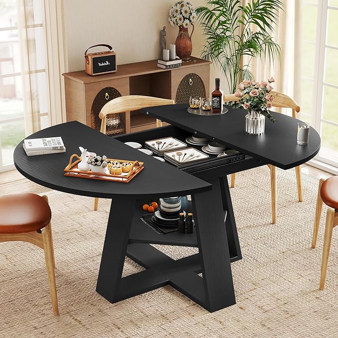 Aivermel 43.3‑59 in Extendable Oval Dining Table for 4‑6, Engineered Wood Round Dining Table with Hidden Extension Storage &Bottom Shelf, Space‑Saving Modern Kitchen Living Room Tables (Vintage Black)