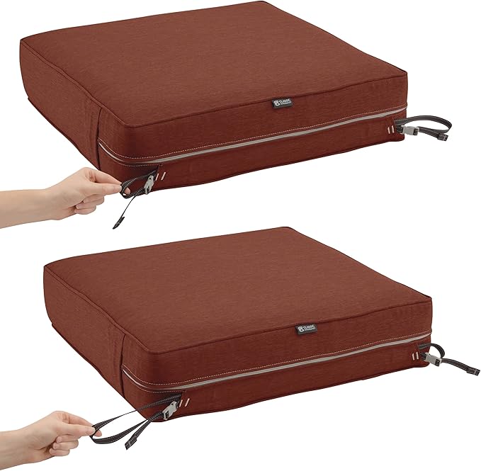 Classic Accessories Montlake Water-Resistant 23 x 25 x 5 Inch Rectangle Outdoor Seat Cushion, Patio Furniture Chair Cushion, Heather Henna Red, Patio Furniture Cushion Covers