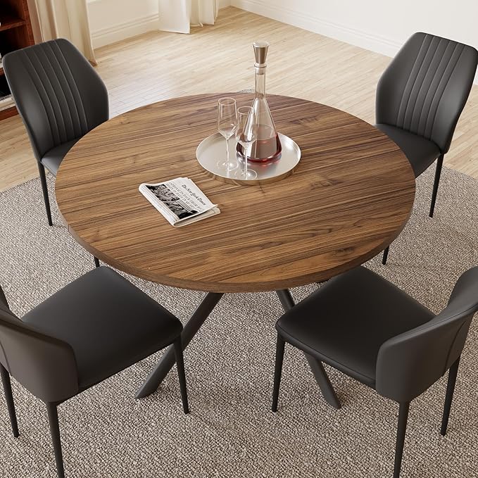 45.3'' Walnut Round Dining Table Set for 4, Mid Century Modern Small Coffee Set for Dining Room Kitchen Apartment (Light Walnut + 4 Black Chairs)