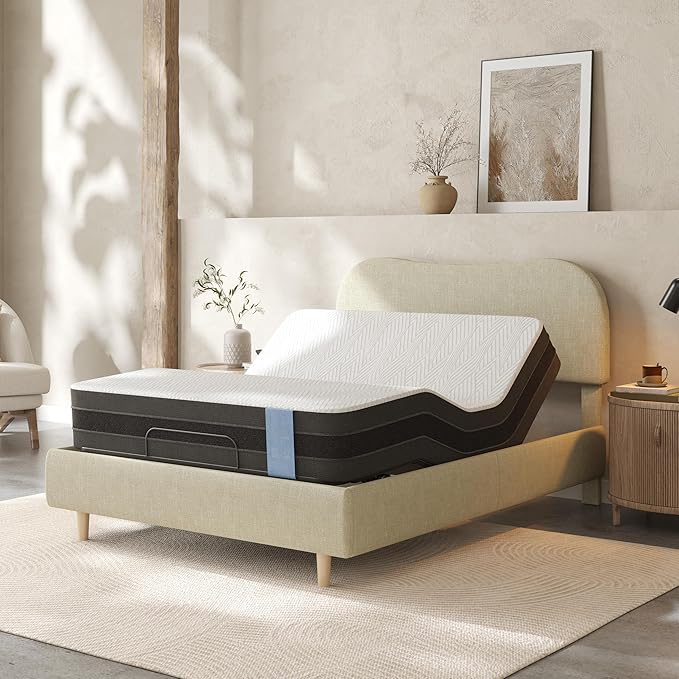 FLEXISPOT Queen All-in-One Adjustable Bed with 10" Gel Memory Foam Mattress, Linen Upholstered Bed Frame, Head & Foot Incline, Adjustable Headboard, 10-Year Warranty, Sage