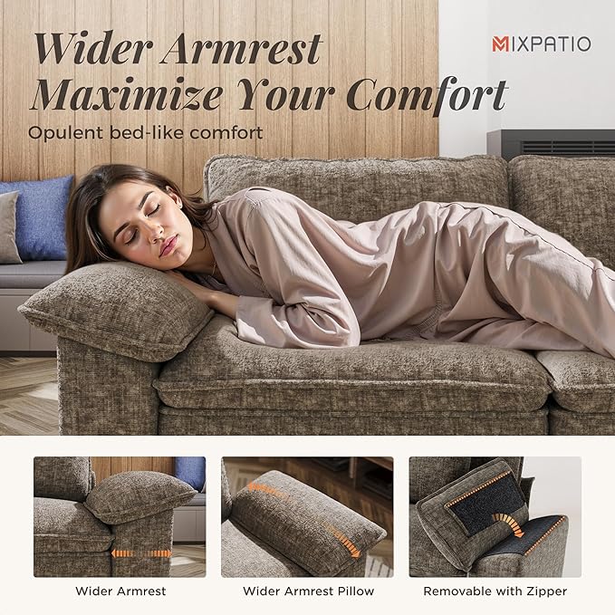 123" Cloud Modular Sectional Sofa, 3-Seater w/Deep Seat & Removable Arms, Plush Chenille for Living Room - Smoky Gray