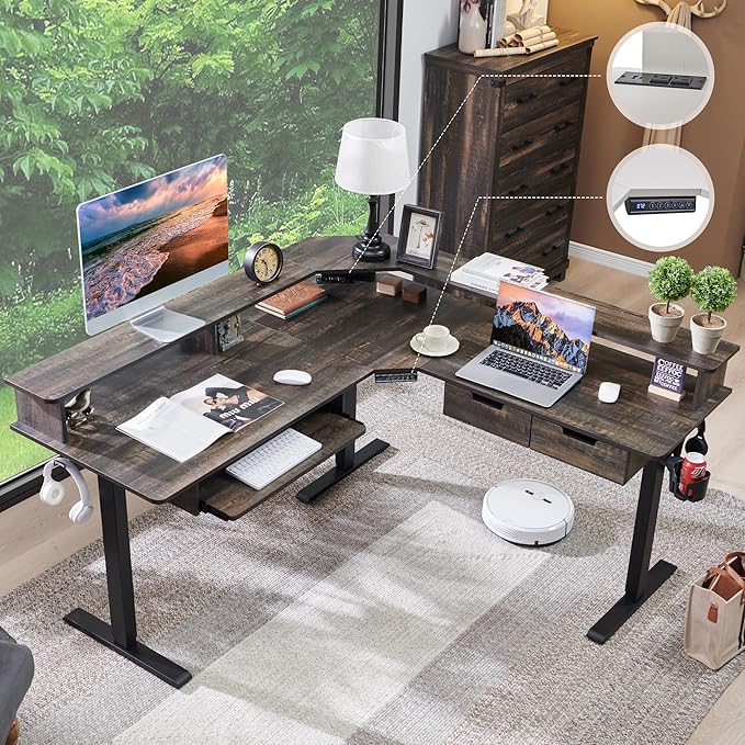 RedLemon 60 Inches L Shaped Electric Standing Desk,Height Adjustable Corner Gaming Desk with Drawers, Keyboard Tray, Power Outlets & LED Lights, Computer Desk with Monitor Shelf, Dark Rustic Oak