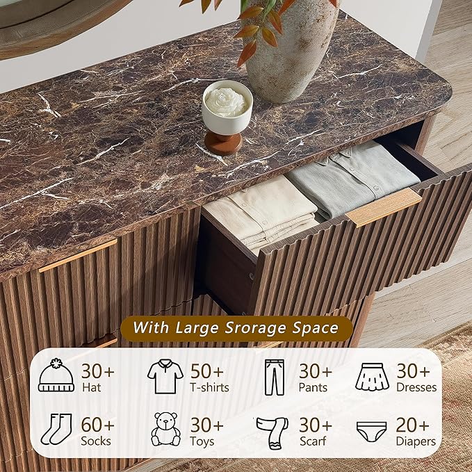 win2win 9 Drawer Dresser, Mid Century Modern Dresser with Storage, 55" Wide Fluted Chest of Drawers with Faux Marble Top, Dressers TV Stand, Drawers Organizer for Bedroom, Living Room, Hallway Walnut
