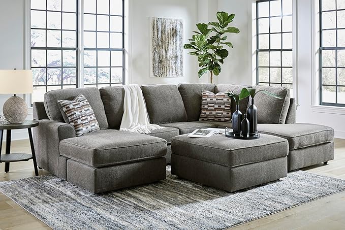 Signature Design by Ashley O'Phannon Casual Right-Arm Facing Herringbone Chenille 2-Piece Sectional with Chaise, Loose Seat Cushions and 2 Throw Pillows, Gray