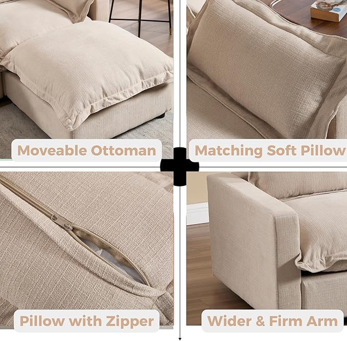 chairus 97" Modular Sectional Sofa with 2 Moveable Ottoman Upholstered Deep Seat Linen Couch Set with Soft Pillows U Shaped Sofa Couch for Living Room, Apartment, Reception Room, 3-Seater/Oatmeal