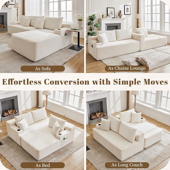 106" Cloud Sectional Couch, Modular Sectional Sofa with L-Shape Chaise, Corduroy Boneless Couch with Deep Seat, Upholstered Sofa for Living Room, No Assembly Required(Right-Facing Chaise, White)