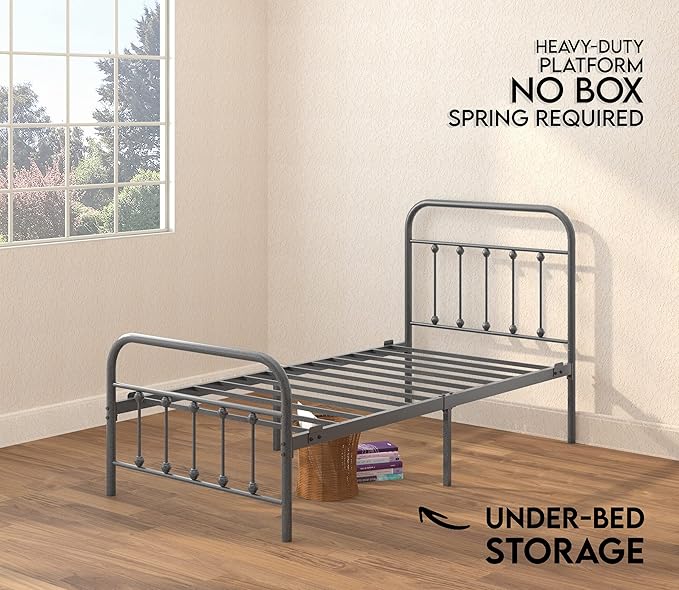 Golden Gate Beds Vintage Wrought Iron Bed Frame with Classic Metal Platform Base, Headboard and Footboard, No Box Spring Needed, Easy Assembly, Mattress Foundation, Sleek Silver Finish - Twin Size