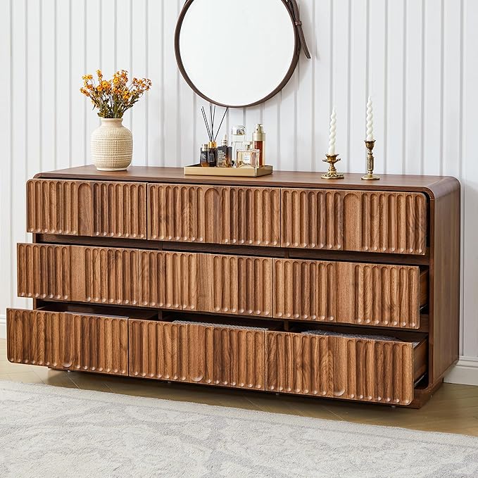 Fluted 9 Drawer Dresser for Bedroom, 60" Wide Modern Chest of Storage Drawers, Wood Dresser & Chest of Drawers with Curved Corners, Dressers TV Stand for Living Room (60" Walnut 9 Drawer)