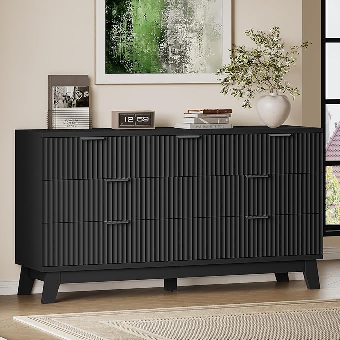 57" Long Dresser for Bedroom, 7-Drawer Fluted Chest, Wide Wood Storage Dresser with Metal Slides and Handles, Stable Base, Modern Clothes Organizer for Primary Suite, Guest Room, Nursery