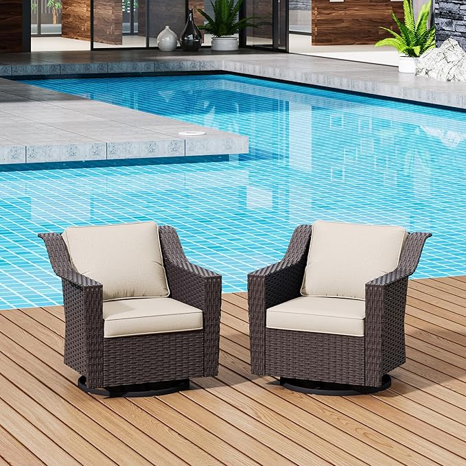 Patio 2 Pieces Wicker Swivel Chairs Set of 2，Outdoor PE Rattan Rocking Glider Armchairs, Water-Resistant Cushions with Removable and Washable Covers, Porch, Balcony, Sunroom (Beige)