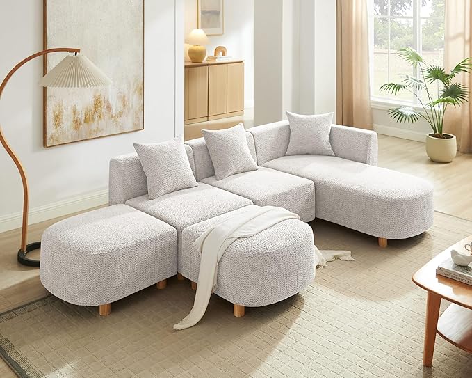 VANOMi 109.84" Modular Sectional Sofa with 3 Pillows, Convertible 5-Seater Comfy Boucle Cloud Couch with Ottoman, Modern Sectional Sofas for Living Room, Office, Apartment (Camel)