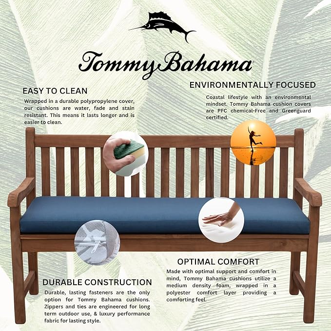 Tommy Bahama Bench Cushion, 50" X 16" X 2.5", Bamboo Bay Cobalt