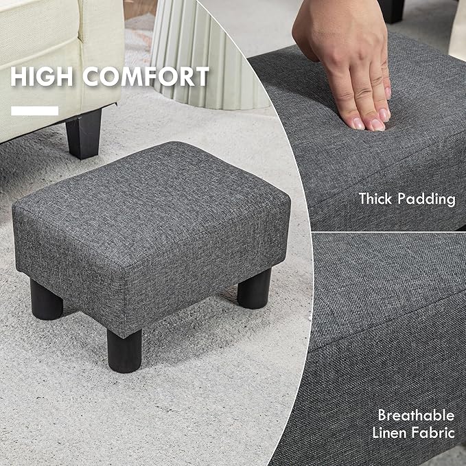 HOMCOM Ottoman Foot Rest, Small Foot Stool with Linen Fabric Upholstery and Plastic Legs, Cube Ottoman for Living Room, Charcoal Gray