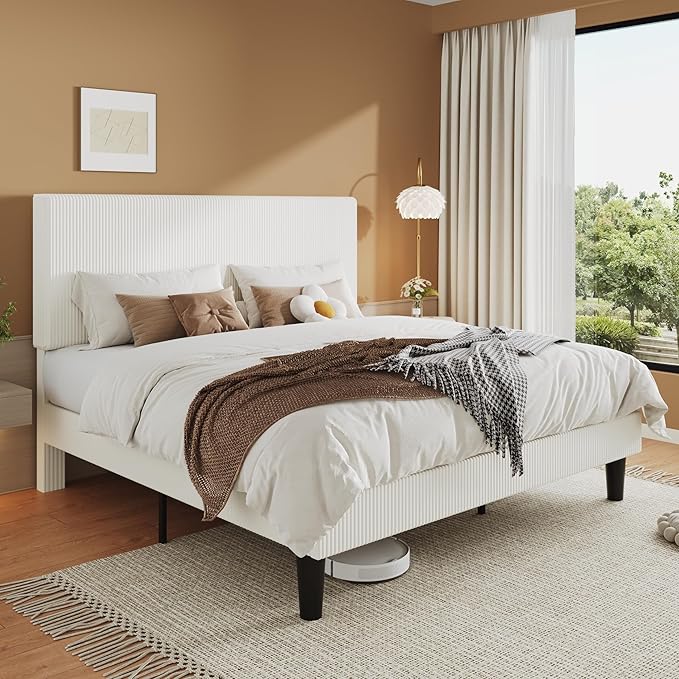 Allewie King Size Upholstered Bed Frame with Vertical Channel Tufted Headboard, Soft Corduroy Fabric Platform Bed, Strong Wooden Slats Support, Easy Assembly, No Box Spring Needed, White