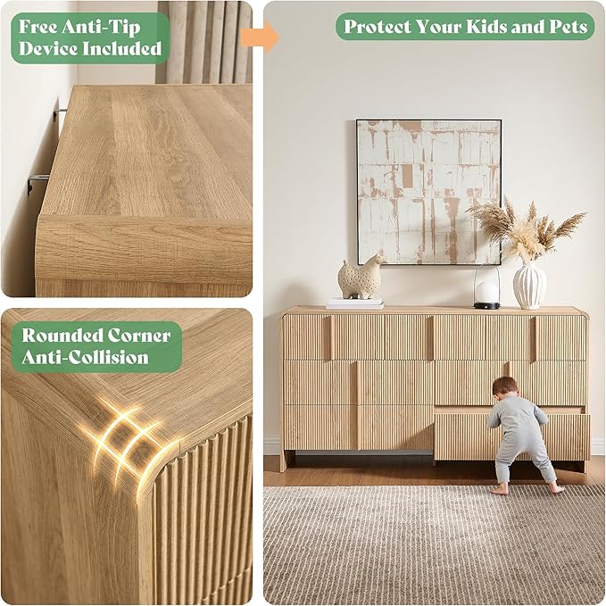 AMERLIFE 63" Fluted 7 Drawer Dresser, Long Modern Chest of Storage Drawers with Pine Handles, Rounded Corners & Anti-Tip Design, Wood Closet Organizer for Bedroom, Living Room, Nursery, Natural Oak