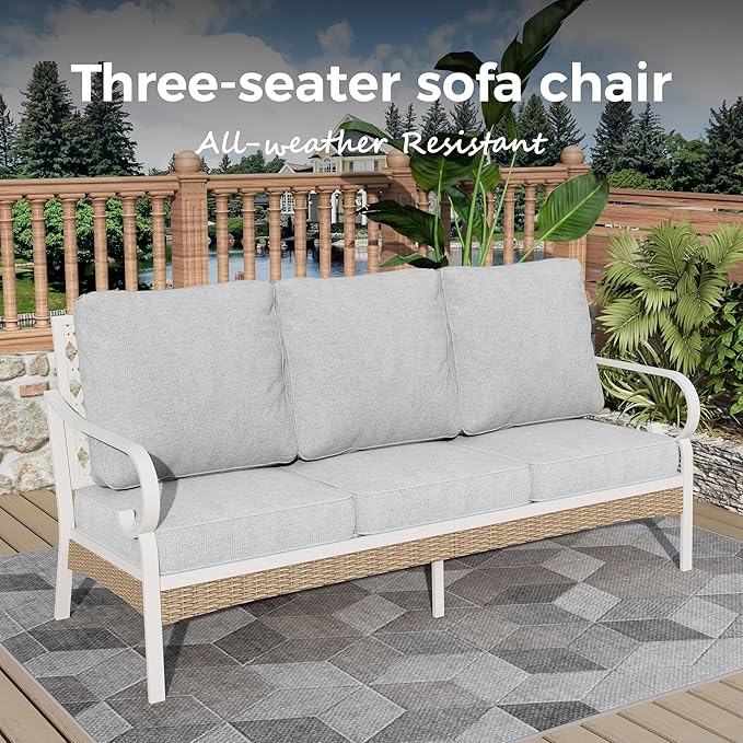 Patio Furniture Sofa, Love-Seat Patio Sofa Steel Frame Outdoor Sectional Couch with Deep Seating and 5.5” Cushions for Lawn Backyard Porch Deck, Beige