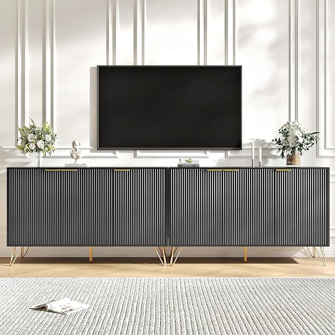 Storage Cabinet Set of 2, Black Fluted Cabinet with Adjustable Shelves, Modern Coffee Bar for Kitchen, Living Room and Office