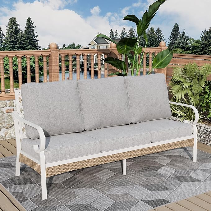 Patio Furniture Sofa, 3-Seat Patio Sofa Steel Frame Outdoor Sectional Couch with Deep Seating and 5.5” Cushions for Lawn Backyard Porch Deck, Light Gray