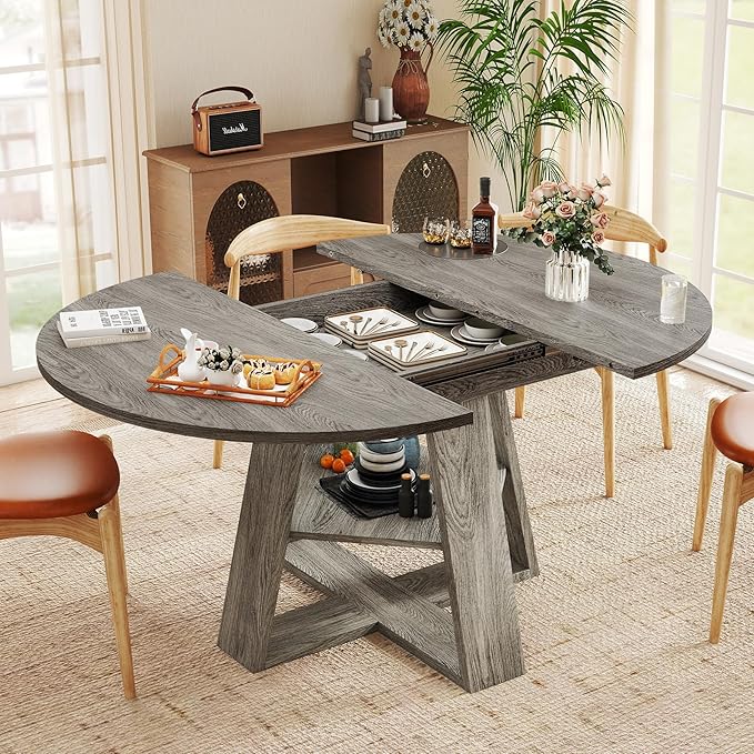 Aivermel 43.3‑59 in Extendable Oval Dining Table for 4‑6, Engineered Wood Round Dining Table with Hidden Extension Storage & Bottom Shelf, Space‑Saving Modern Kitchen Living Room Tables (Vintage Grey)