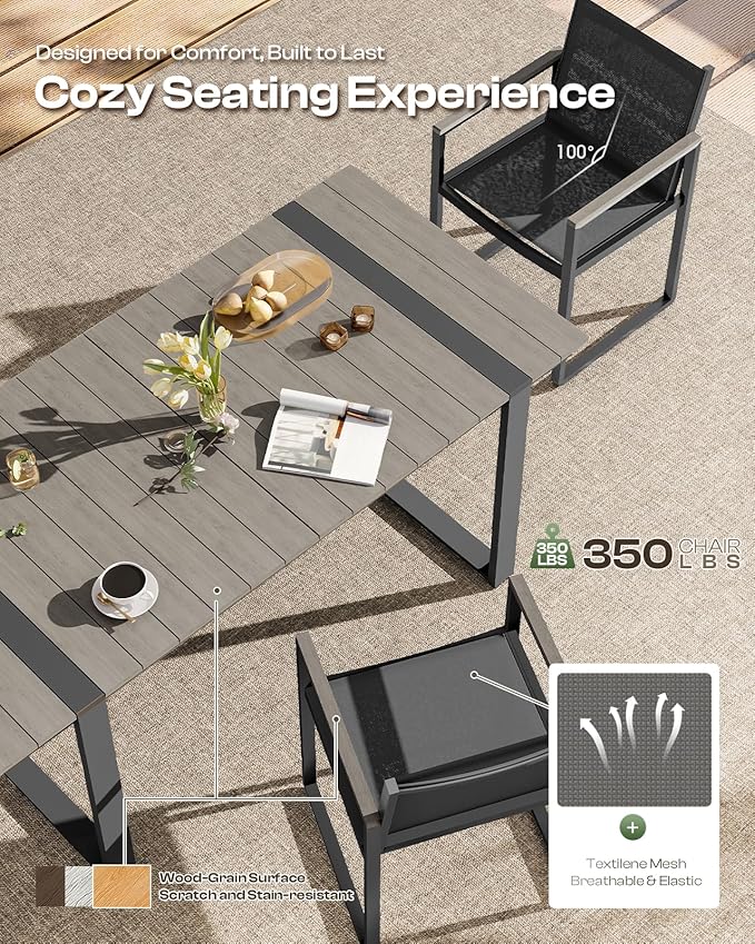 Outdoor Dining Set, Patio Table and Chairs Set, 7 Piece HDPS + Aluminum Patio Furniture Set with Umbrella Hole, Patio Dining Table Set (Gray)