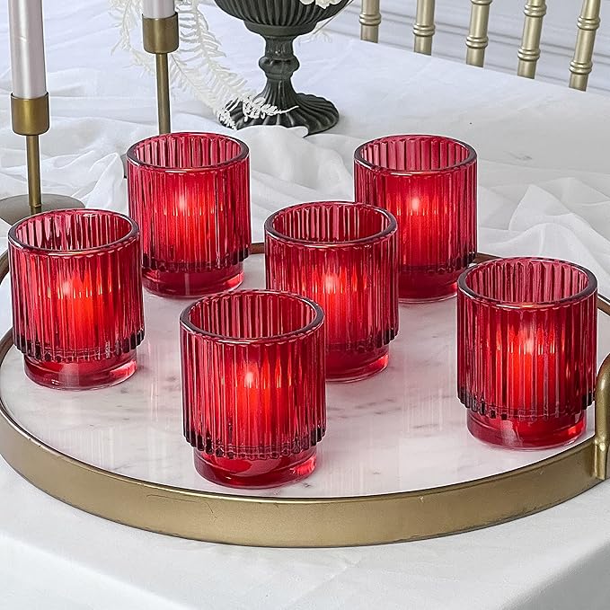 Kate Aspen Vintage Ribbed Red Glass Candle Holders Set of 6 - Votive & Tealight Candle Holder Decor for Holiday Table Decor, Christmas Dining Tablescape, Fall & Boho Home Accents (27206RD)