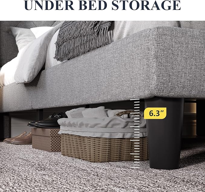 Allewie King Size Upholstered Platform Bed Frame with Wingback and Button Tufted Headboard for Reading, Strong Wood Slat Support, Modern Design, Easy Assembly, Light Grey