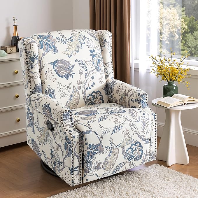 Swivel Glider Recliner Chairs Set of 2, High Back Rocker Reclining Accent Chair with Smooth Manual Mechanism for Nursery, Comfortable & Quiet Upholstered Armchair Seating-Bule Plant