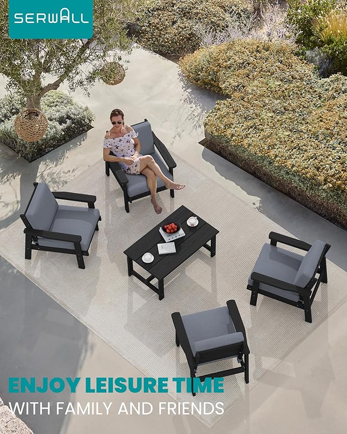 SERWALL Outdoor Patio Furniture Set, 5 Piece HDPE Patio Conversation Sets, All-Weather Wood-Like Outdoor Couch Loveseat and Coffee Table with Thick Cushions for Porch Balcony Garden Backyard
