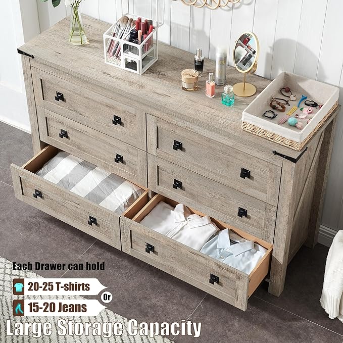 T4TREAM Farmhouse 6 Drawers Dresser for Bedroom, Wood Rustic Wide Chest of Drawers, Storage Dressers Organizer for Bedroom, Living Room, Hallway, Light Rustic Oak