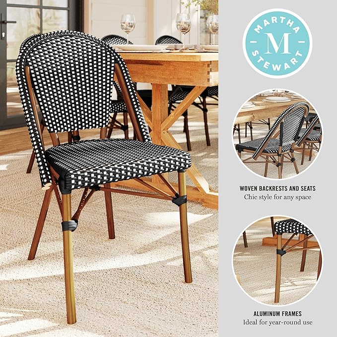 Martha Stewart Lily Pond Indoor-Outdoor Stackable Aluminum Bistro Chair with Natural Woodgrain Frame Finish and Black/White Woven Rattan Backrest and Seat