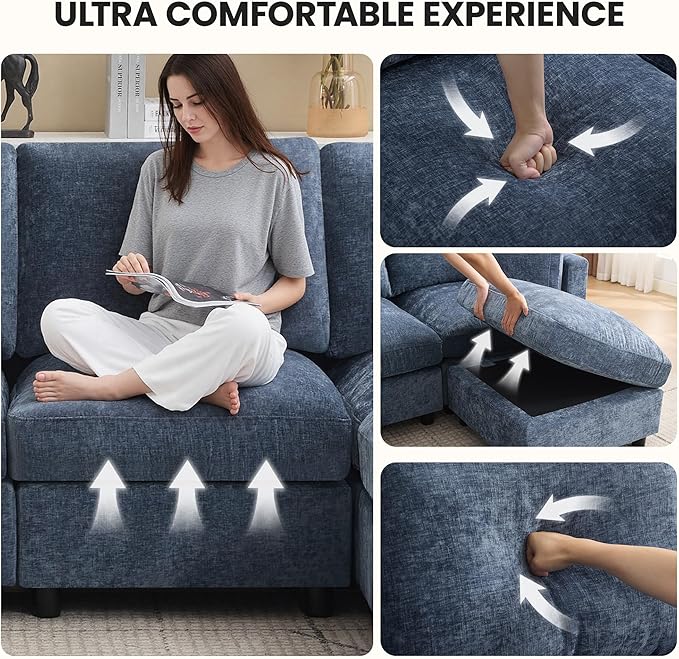 4-Seater Modular Sectional Cloud Sofa with 2 Ottomans, U-Shaped Couch for Living Room, Modern Deep Seat Sofa with Soft Back Cushions, Chenille Blue
