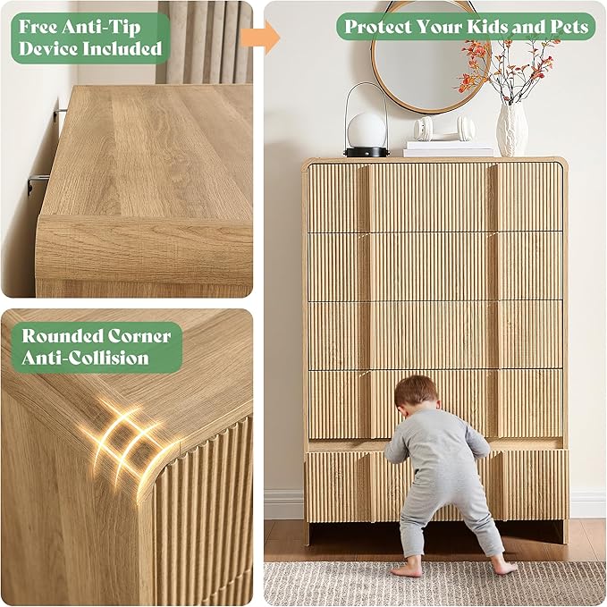 AMERLIFE Fluted 5 Drawer Dresser, 48" Tall Modern Chest of Storage Drawers with Pine Handles, Rounded Corners & Anti-Tip Design, Wood Closet Organizer for Bedroom, Living Room, Nursery, Natural Oak