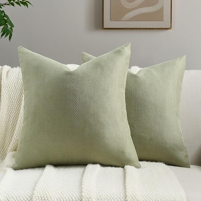 FUTEI Sage Green Chenille Throw Pillow Covers 20x20 Inch Set of 2,Soft Wide Chevron Textured Cushion Case,Farmhouse Home Decor for Couch Bed Living Room