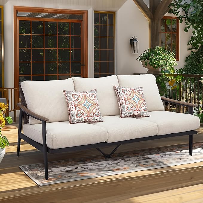 NATURAL EXPRESSIONS Patio Sofa Outdoor Furniture Metal Chair with Wicker Backrest & 6 Inches Cushion for Indoor, Front Porch, Deck, Balcony, Backyard, Sunroom, 73.35"(L) x 29.75"(W) x 33.86"(H).