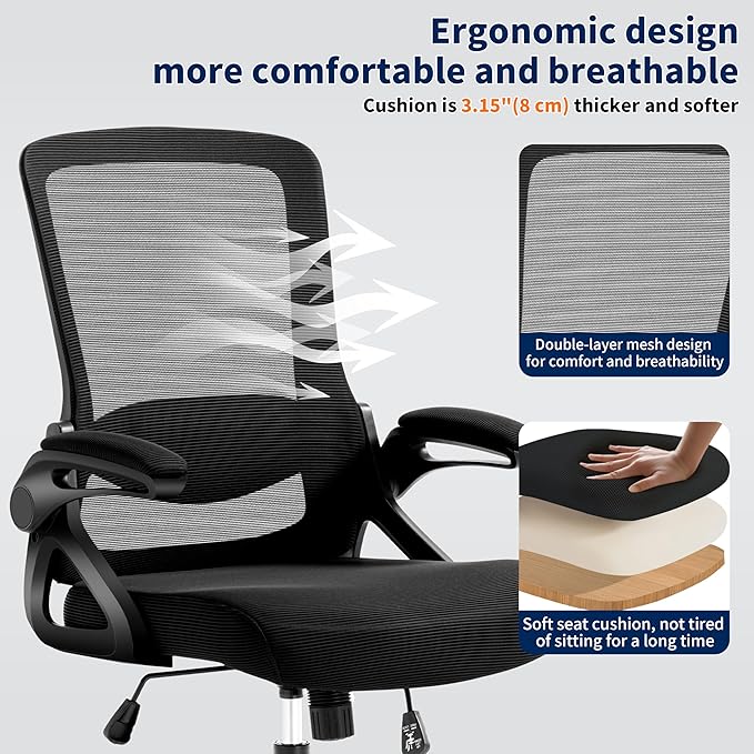Ergonomic Office Chair, Desk Chair with Adjustable Lumbar Support, Breathable Mesh Comfy Computer Chairs with Flip-up Armrests Executive Task Chair for Adults Home Office(Black)