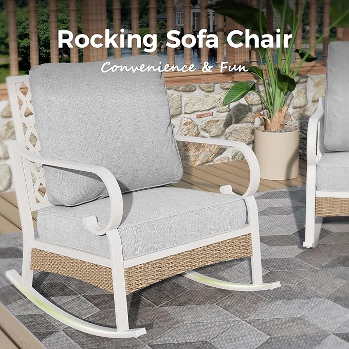 Patio Rocking Chairs Set of 2, Outdoor Sofa Chairs with Deep Seating and 5.5" Cushions, Steel Frame Porch Furniture for Lawn Backyard Deck, Light Grey