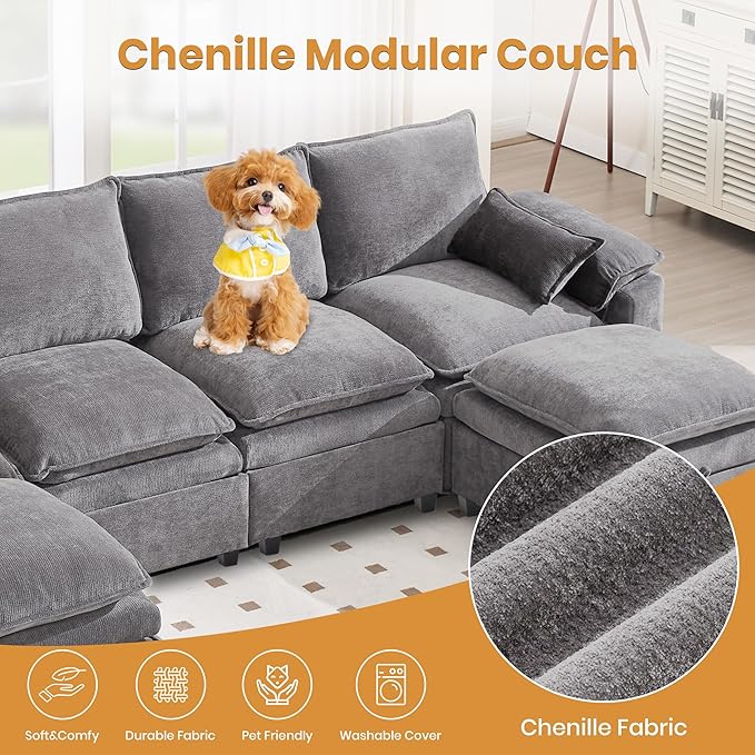 130" U Shaped Modular Sectional Sofa, Couch with Ottoman Storage, Chenille Cloud Couch with Plush Deep Seating for Living Room, Bedroom (9 Seat, Light Grey)
